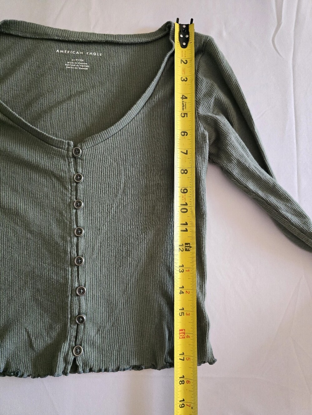 American Eagle Ribbed Button Front Ruffle Hem Long Sleeve Size Small - Picture 6 of 9